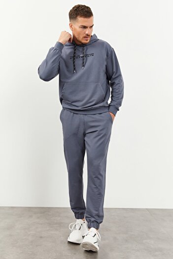 TOMMY LIFE Petrol Kapüşonlu Kanguru Cep Lastik Paça Erkek Oversize Eşofman Takımı - 85117