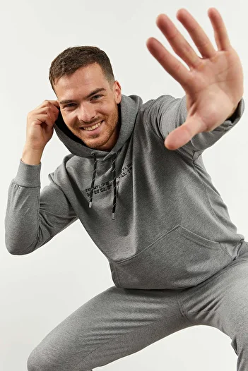 TOMMY LIFE Ανδρικό Σετ φόρμας OvErsizE Grey mElangE με κουκούλα, πόδι από καουτσούκ Pocket Kangaroo - 85117