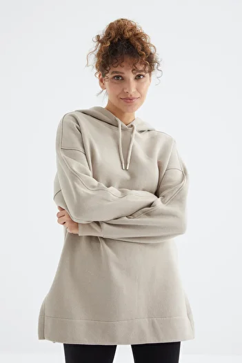 TOMMY LIFE Dark Beige Raglan Sleeve Basic Hooded Oversize Sweatshirt Tunic - 97242