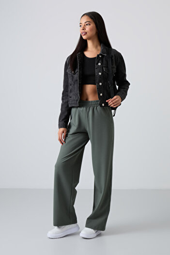 TOMMY LIFE Khaki High Waisted Pocketed Comfortable Form Wide Leg Women's Tracksuit Bottom - 94567