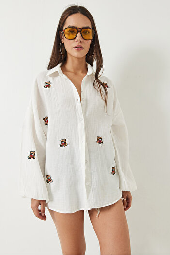 Bianco Lucci Women's Teddy Embroidered Oversize Cotton Shirt with Elastic Sleeves 2060 60283011
