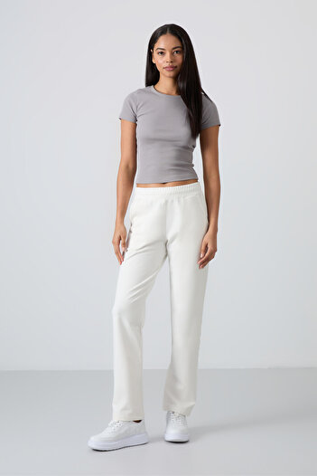 TOMMY LIFE Ecru High Waisted Pocketed Comfortable Form Classic Leg Women's Tracksuit Bottom - 94584
