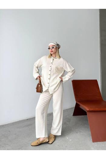 LE CARAMBOLE Women's Cream Pocket Lace Detailed Shirt and Pants Two Piece Set