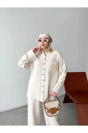 LE CARAMBOLE Women's Cream Pocket Lace Detailed Shirt and Pants Two Piece Set