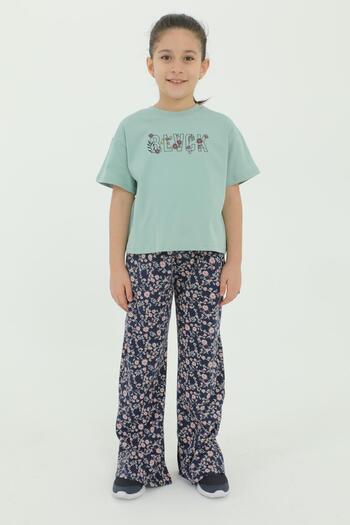 Black One Crew Neck Print Detailed Floral Girl's Top and Bottom Set