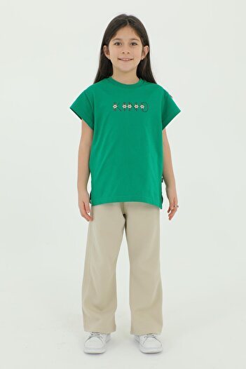 Black One Crew Neck Print Detailed Girl's Bottom and Top Set