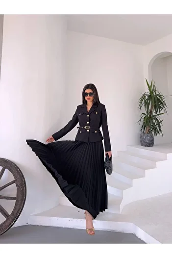 ZF BUTİK Belted Gold Buttoned Premium Jacket Skirt Suit