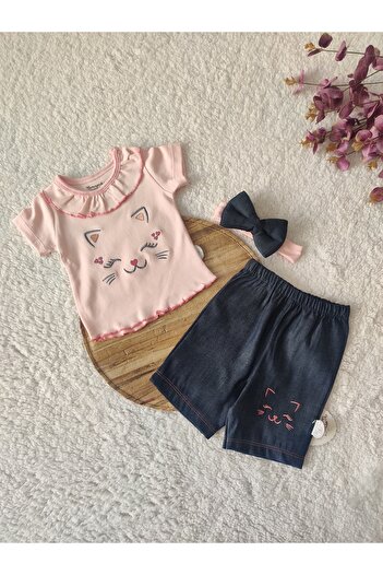 Tomuycuk 3'lü Kız Bebek Çocuk Takım Şort Tişört Kedili Kısa Kol Pudra 3-6-9-12 Ay Bebek Takımları Kıyafetleri