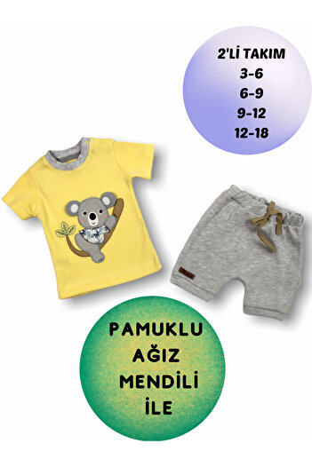 Tomuycuk 2'li Sarı Erkek Bebek Çocuk Kısa Kol Şortlu Takım Yavru Koala 3-6-9-12-18 Ay Bebek Kıyafetleri Giyim