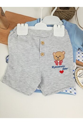 Tomuycuk 3lü Erkek Bebek Takım Mavi Ayıcık Kısakol Sweat 3-6-9-12 Ay Bebek Takımları Kıyafetleri Bebek Giyim