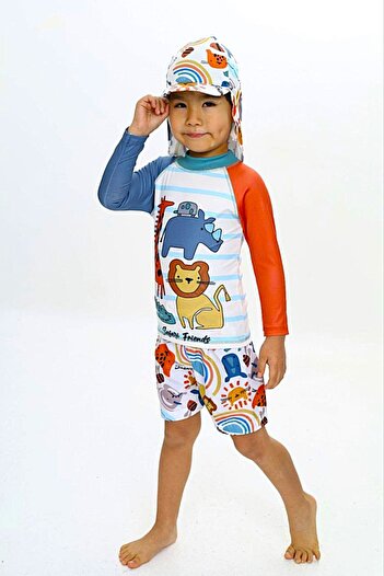 DeKuBaby New Season Character Patterned Sun Protection Hat and Swim Shorts Children's Swimsuit Set (Set of 3)