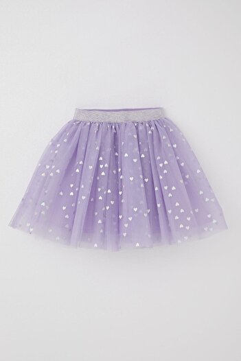 Breeze Lilac Colored Girls Tutu Skirt, Glittery Heart Pattern Elastic Waist Needlework for Ages 5-10