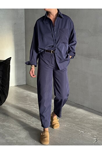Laluvia Navy Blue Marlin Belted Shirt Trousers Suit - 8453