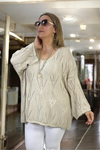 yagmurberen Boat Neck Openwork Patterned Large Size Italian Mercerized Bluz Sweater
