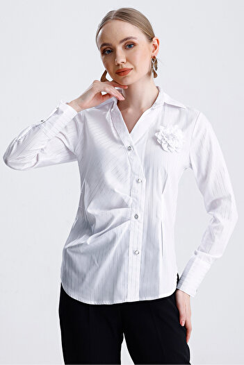 MD trend Women's Double Breasted Collar Rose Detailed Striped Poplin Shirt