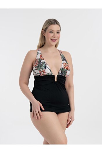 AQUAVİVA Women's Black Rubber Pattern Large Size Anastasia Tankini Gathering Buckle