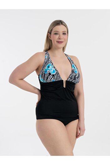 AQUAVİVA Aquaviva Women's Black Blue Rose Pattern Large Size Gathering Buckle Detailed Tankini