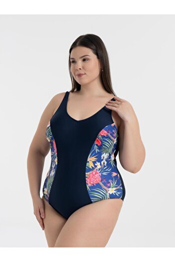 AQUAVİVA Aquaviva Women's Navy Blue Pattern Large Size Edna V-Neck Gathering Swimsuit