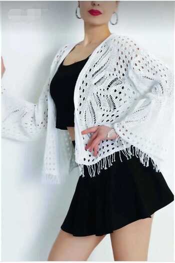trikomode White Spanish Sleeve Tasseled Detailed Openwork Seasonal Women's Cotton Cardigan