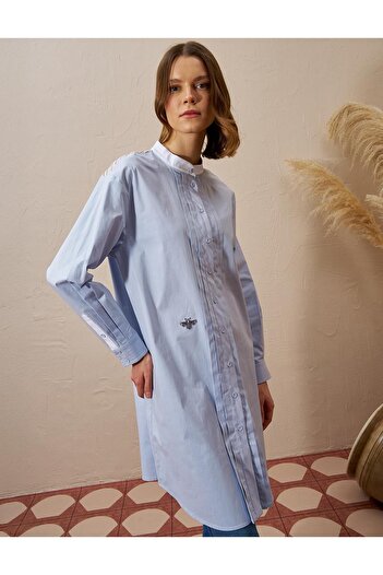 Kayra Blue Ribbed Stitched Poplin Tunic