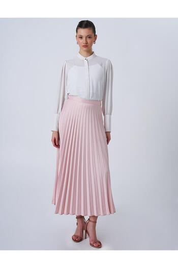 Kayra High Waist Satin Pleated Skirt Powder