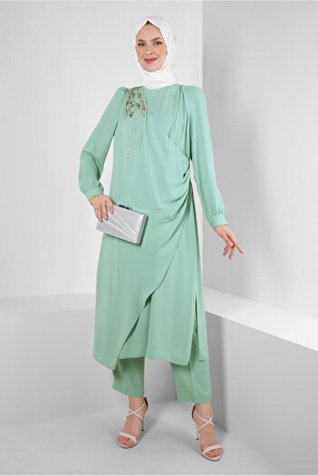 Alvina STONE PRINTED BICYCLE COLLAR PANTS SUIT 43578