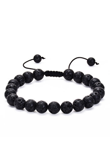Tesbihane Macrame Braided Globe Cut Lava Natural Stone Men's Bracelet