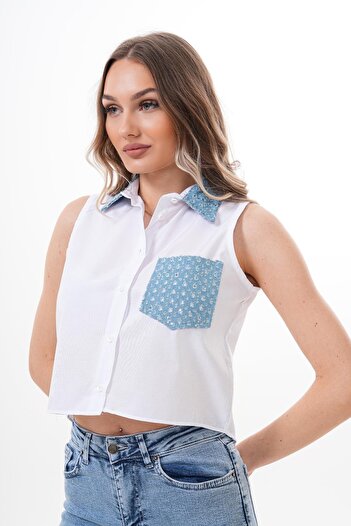 ŞİMAL Women's Lapel Pocket Sequin Embroidery Detailed Sleeveless Short Shirt 250299   -