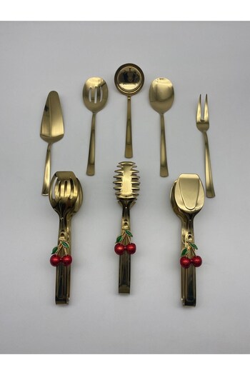 Fiyakalı Ürünler Atölyesi 18/10 Gold Colander - 8-Piece Stainless Steel Serving Set, Ladle, Shovel, Fork, Spoon, Cherry Tongs