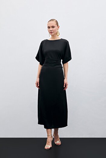 Sateen Crepe Satin Dress with Shirring Detail - Black