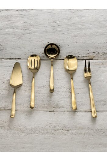Fiyakalı Ürünler Atölyesi 5 Pieces Stainless Steel Gold Colander, Ladle, Shovel, Fork, Spoon Serving Set - Dowry Box