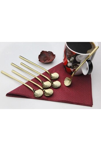 dincel çelik Set of 6 Gold Oyster Model Presentation Teaspoons, 18/10 Stainless Steel