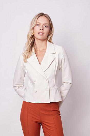 Jument Women's Collared Pocket Long Sleeve Double Breasted Blazer Jacket and Cream