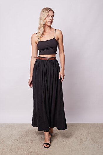 Jument Women's Silky Textured Modal Fabric Ankle Length Long Skirt with Pockets - Black