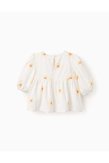 Ziddy Cotton and Linen Blouse with Flowers and Crochet for Girls, White