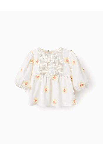 Ziddy Cotton and Linen Blouse with Flowers and Crochet for Girls, White