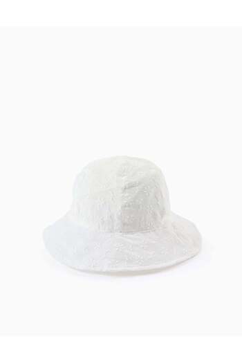 Ziddy Hat with Flower Embroidery for Baby Girls, White