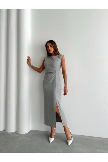 Maldia Shop Γυναικείο φόρεμα μίντι με ντραπέ με λεπτομέρεια με επένδυση σε γκρι χρώμα