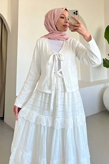 giyze Embroidery Tied Skirt Suit White 3012