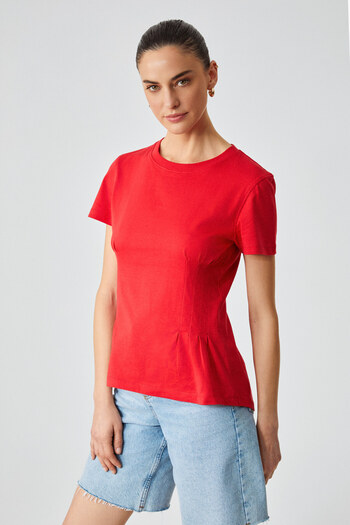 GRIMELANGE Jessia Women's Corset Detailed 100% Organic Cotton Crew Neck Red T-Shirt
