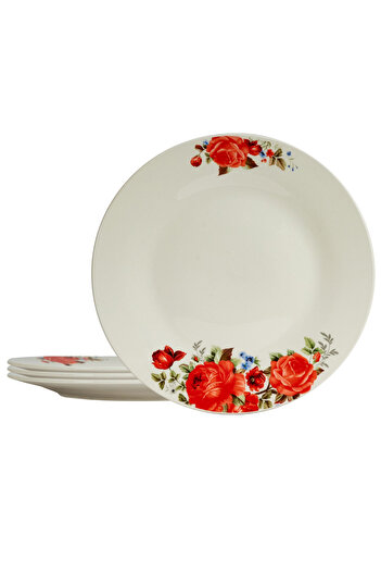 Cesiro Set of 4 wide plates 23 cm, for 4 people, Ivoire with red rose