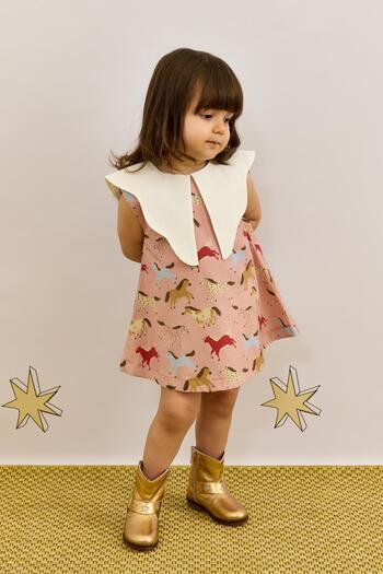 Fahhar Kids Rochie cu model de cai - roz cu guler asimetric