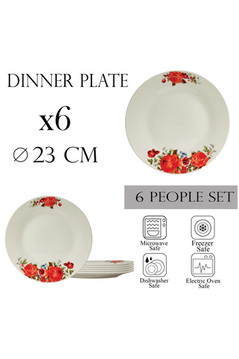 Cesiro Set of 6 dinner plates 23 cm, for 6 people, Ivoire with red rose