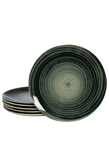 Cesiro Set of 6 wide plates, 26 cm, Whirlwind, Cesiro, Made in Romania, Ivory White with black