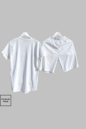 stawles wear Bürümcük Crinkle Fabric Summer Lycra Crew Neck Short Sleeve T-Shirt Shorts Set White
