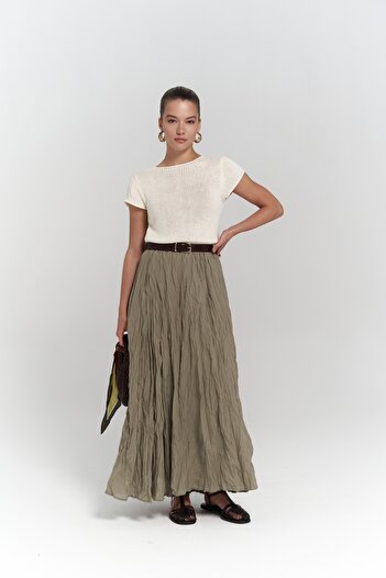 BOHEMAİ Jayla Crinkle Detail Long Khaki Skirt