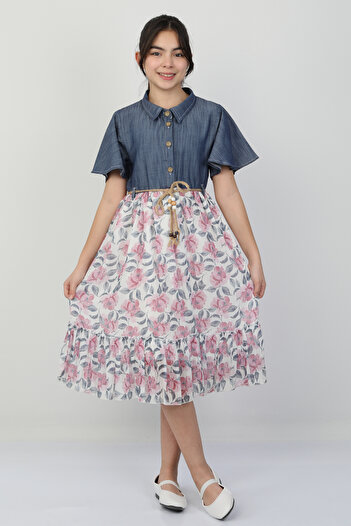e-çocuk Flower Printed Girl's Denim Dress 26105