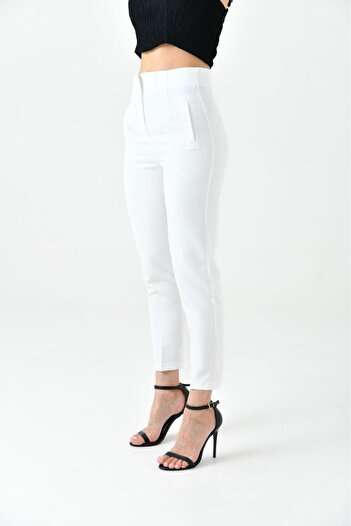 MİSLİNE White High Waist Cuffed Narrow Leg Women's Fabric Pants