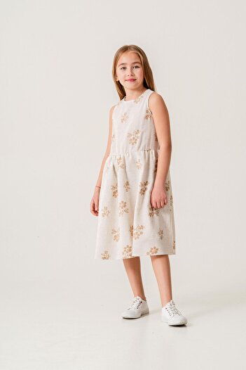 Magu Girl's Linen Ecru Floral Patterned Dress - Summer Elegance