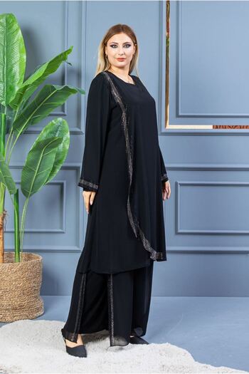 Moda Rosa 25Y5060 - Black - Large Size Stone Chiffon Evening Dress with Pants